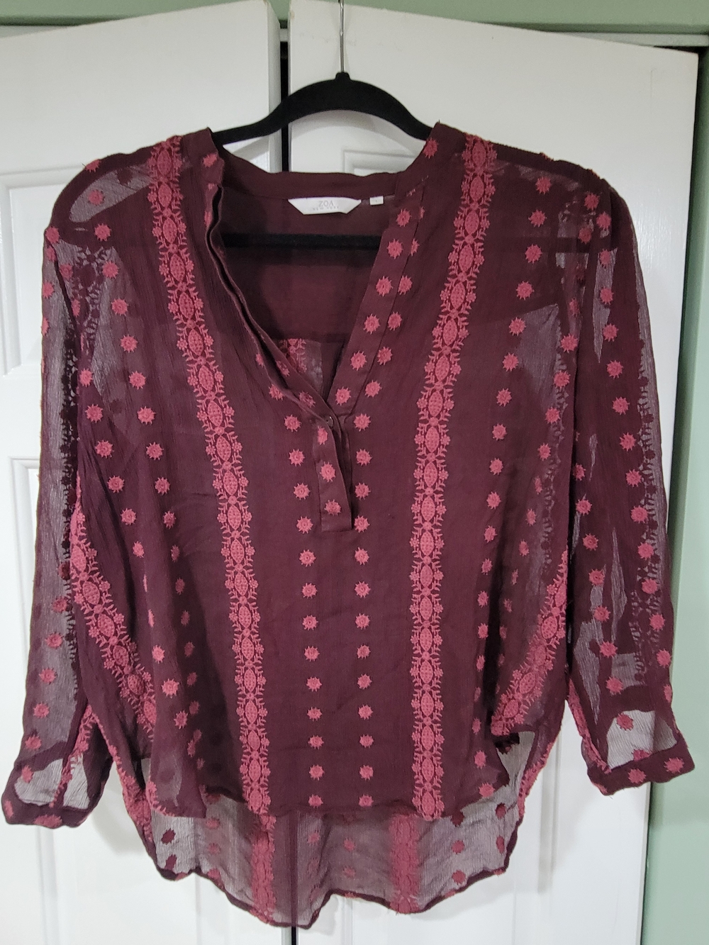 Burgundy Sheer Boho Embroidered Womens Blouse